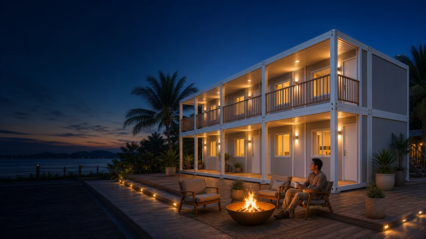 Rendered leisure deck scene with a two-storey 3x6m container house project for Box Well